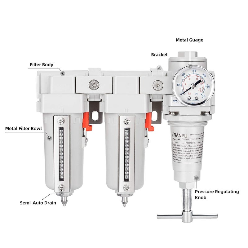 NANPU 1/2" NPT T-Handle High Pressure Air Drying System - Double 5 Micron Particulate Filter & Air Pressure Regulator Piston Combo, Semi-Auto Drain＆Gauge - Image 4